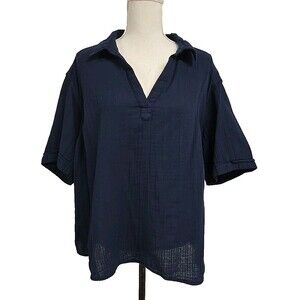 LL Bean Cloud Gauze Polo V- Neck Top Blouse Navy Blue Cotton Women’s Plus Sz 1X